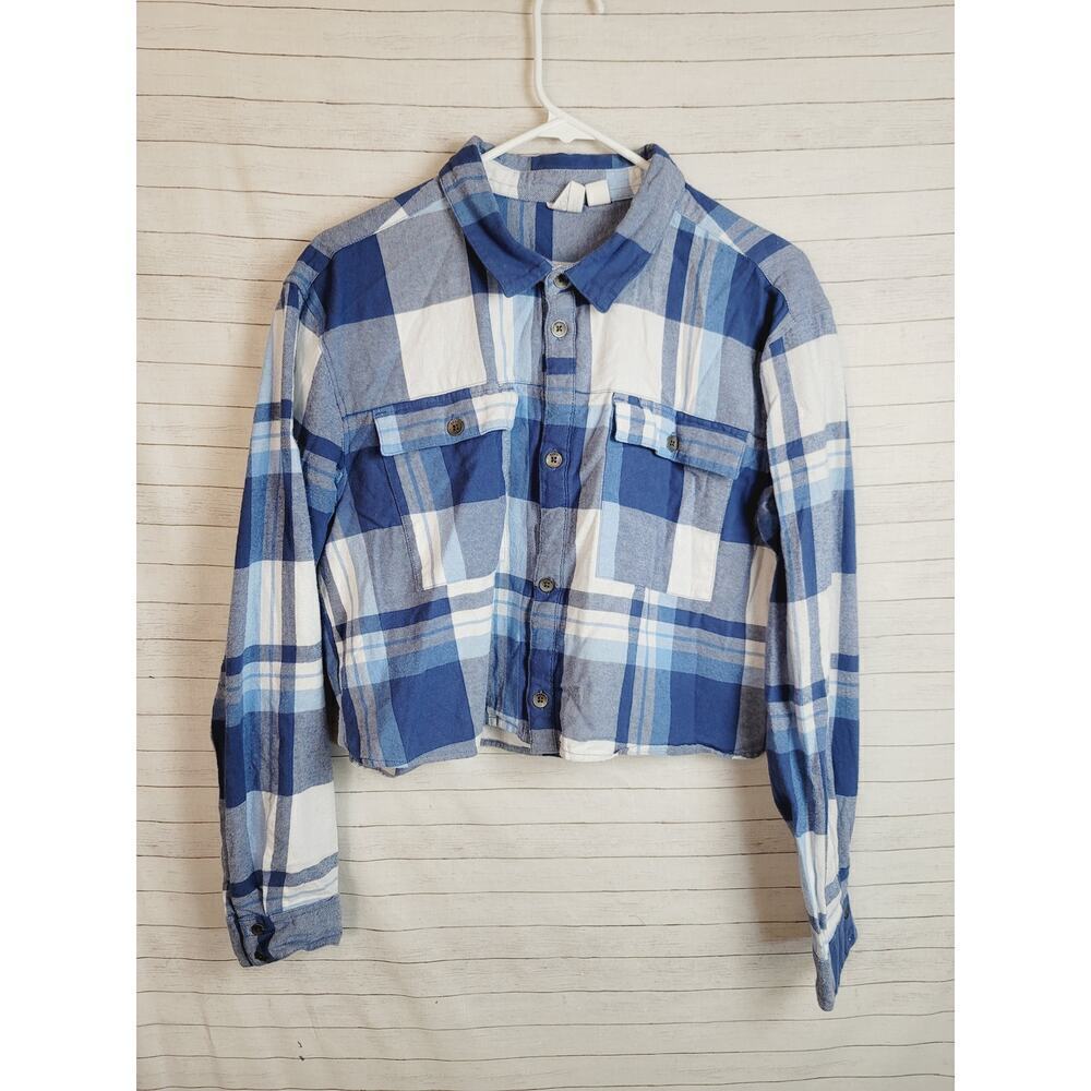 ROXY Both Ways Plaid Long Sleeve Cropped Button Up in Blue, sz Large